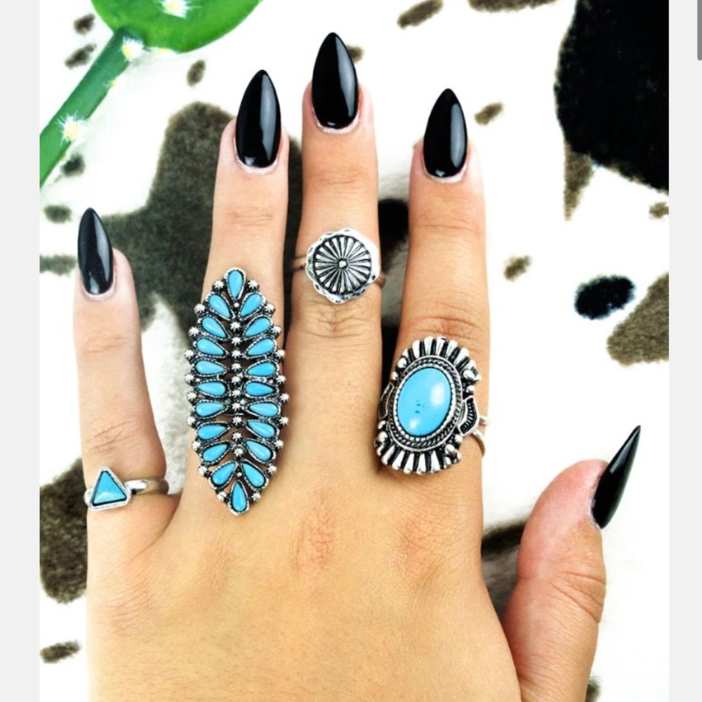 Turquoise Thundertrail Silvertone Ring, 4 Piece Set